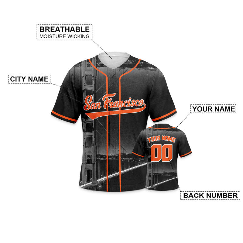 Custom 3D Night View Black Orange-White Authentic Baseball Silhouette Jersey