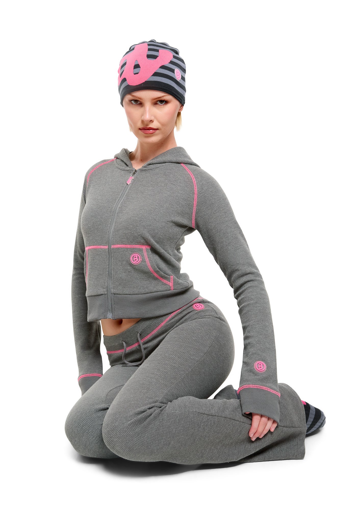 WAFFLE KNIT HOODIE (CHARCOAL/PINK)