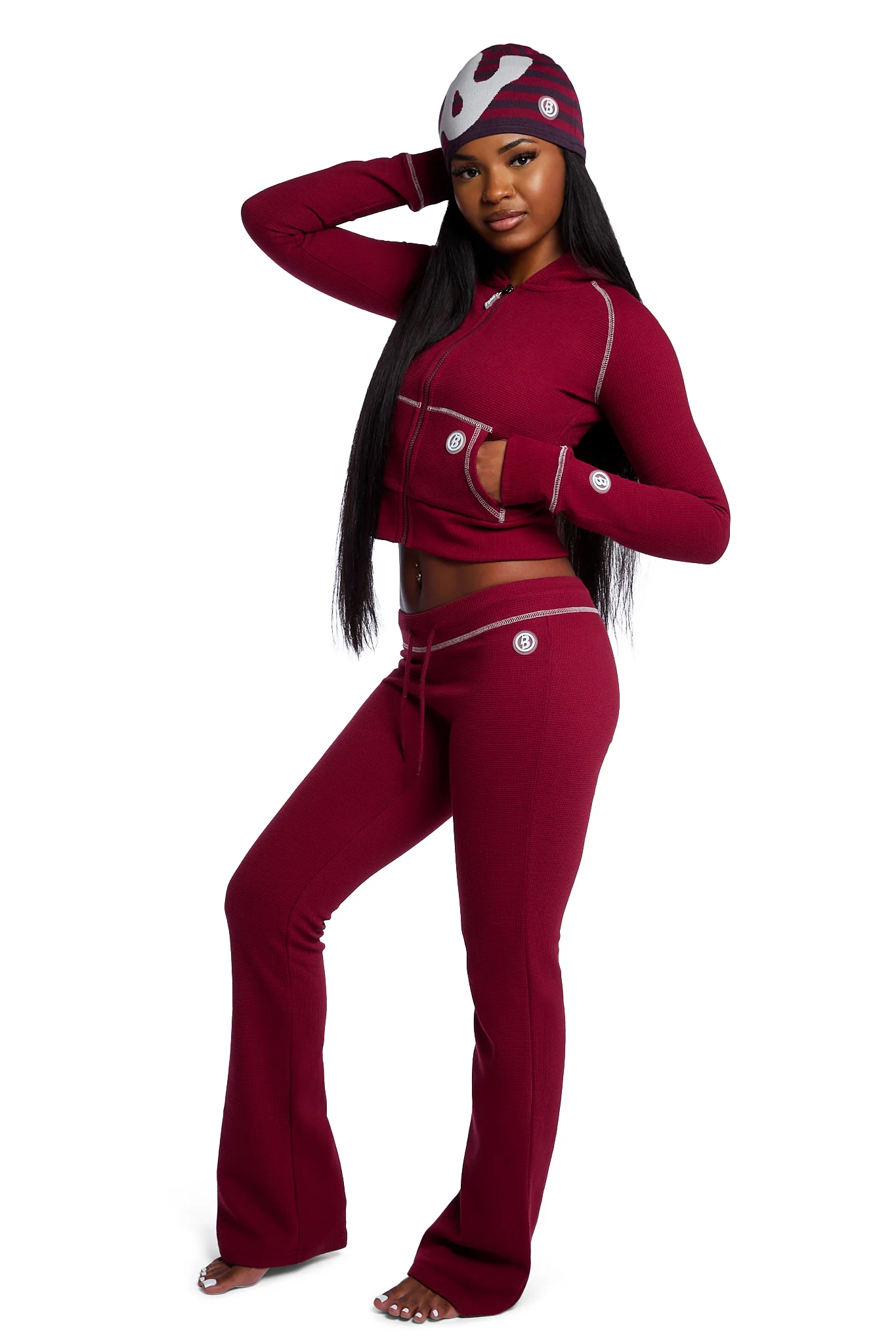 WAFFLE KNIT BOOT CUT PANTS (MAROON/SLATE)