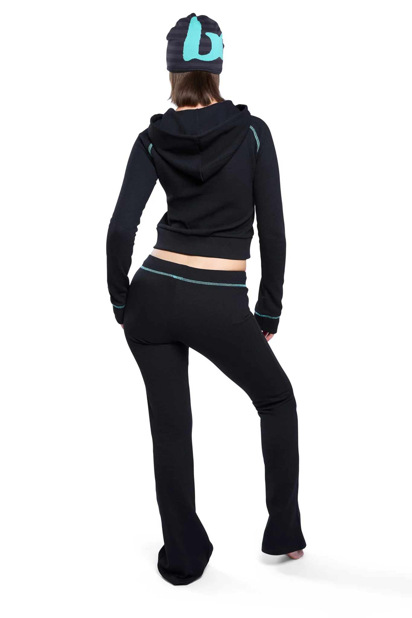 WAFFLE KNIT BOOT CUT PANTS (BLACK/TIFFANY BLUE)