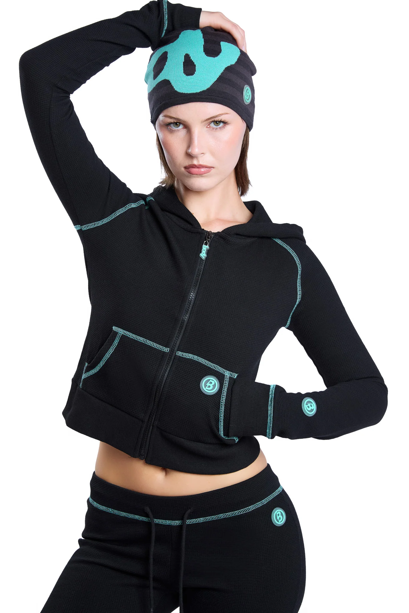WAFFLE KNIT HOODIE (BLACK/TIFFANY BLUE)