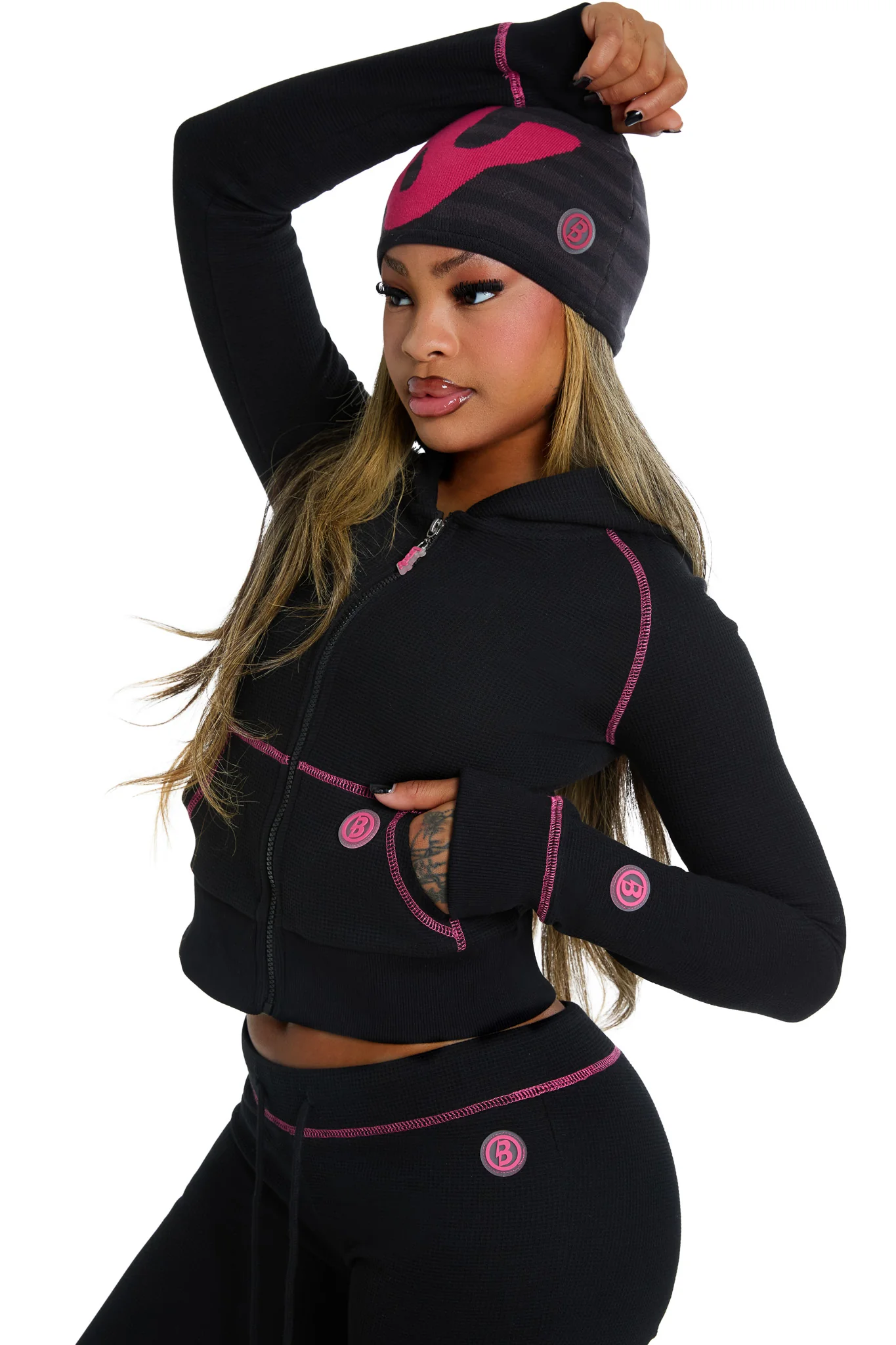 WAFFLE KNIT HOODIE (BLACK/PINK)