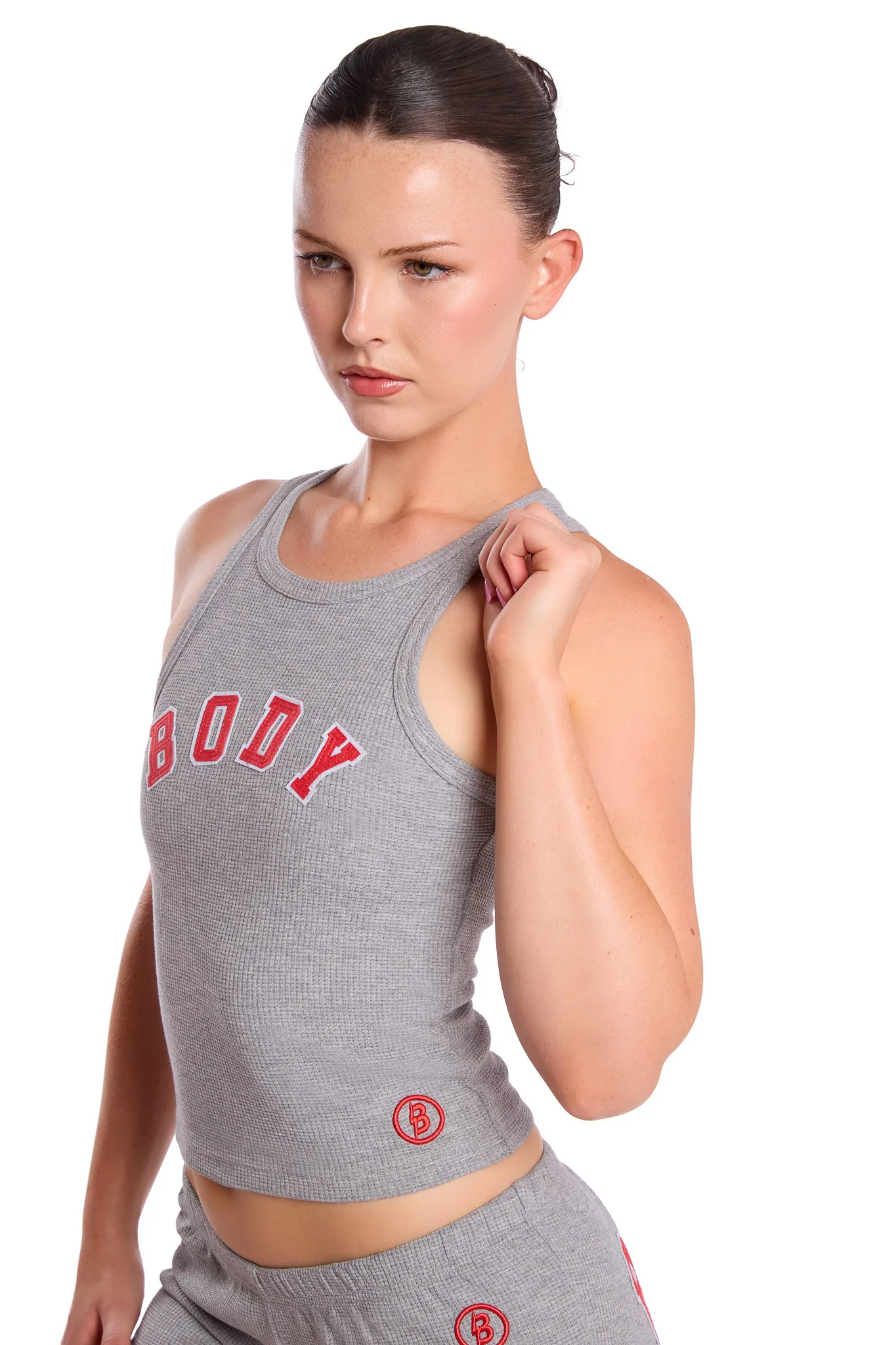 WAFFLE KNIT RACERBACK TOP (HEATHER GREY/RED)