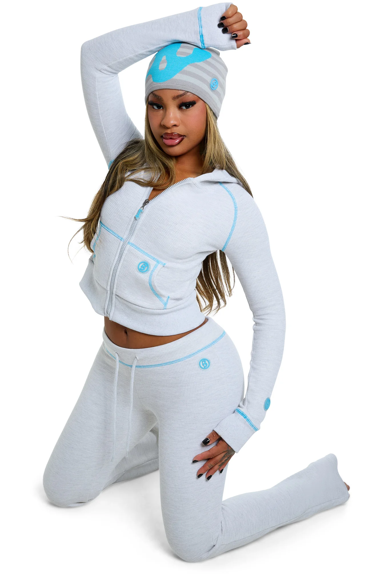 WAFFLE KNIT HOODIE (HEATHER GREY/TURQUOISE)