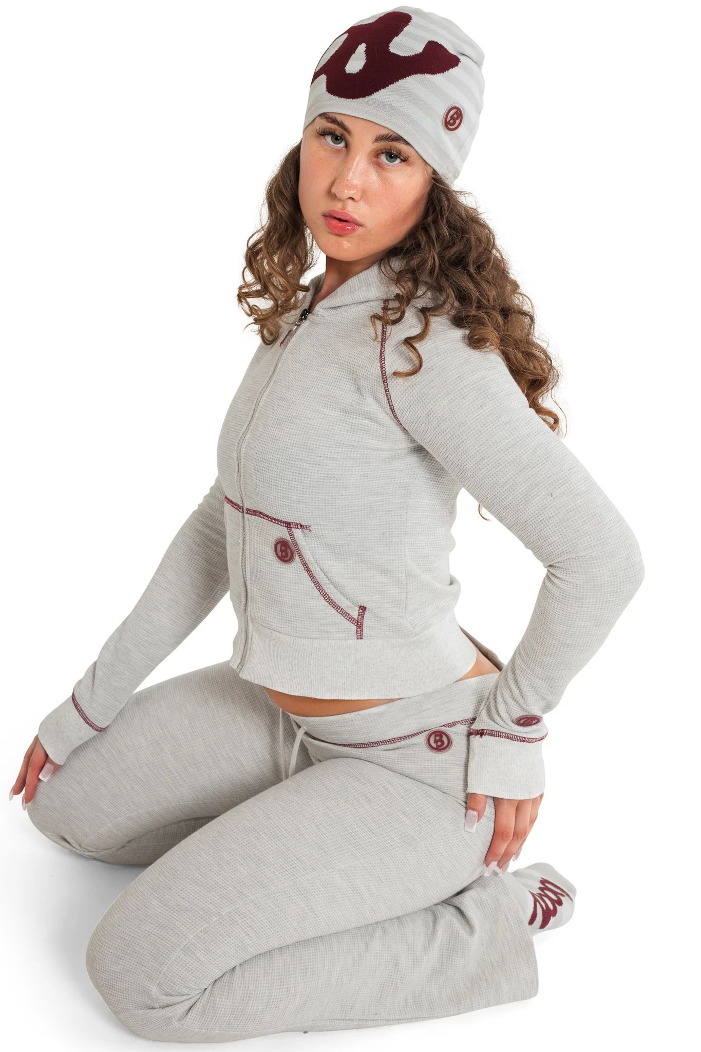 WAFFLE KNIT BOOT CUT PANTS (HEATHER GREY/MAROON)