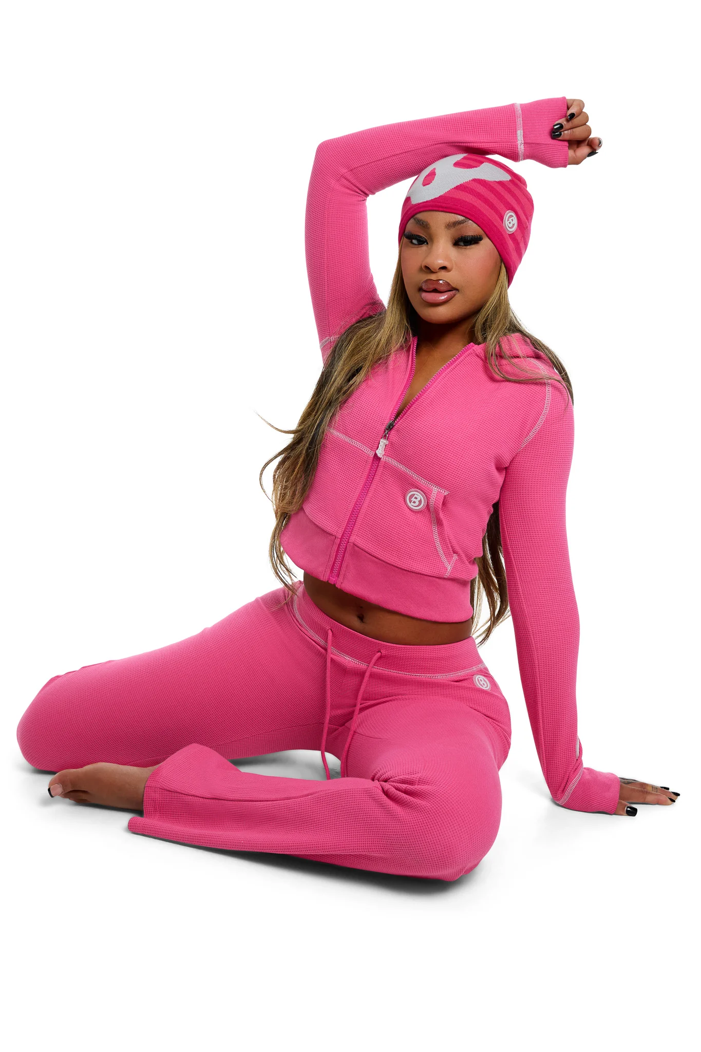 WAFFLE KNIT BOOT CUT PANTS (STRAWBERRY PINK/GREY)