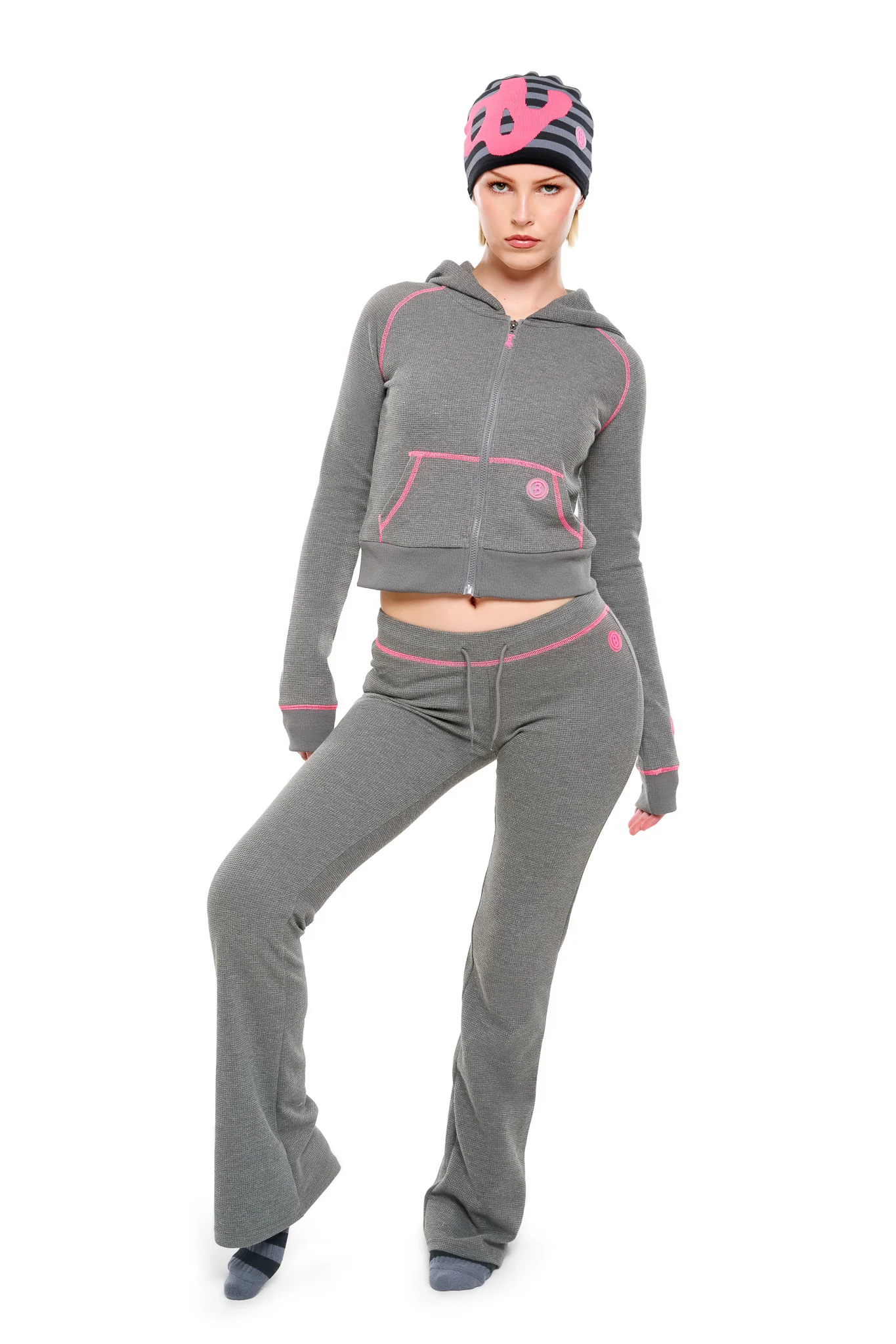 WAFFLE KNIT HOODIE (CHARCOAL/PINK)