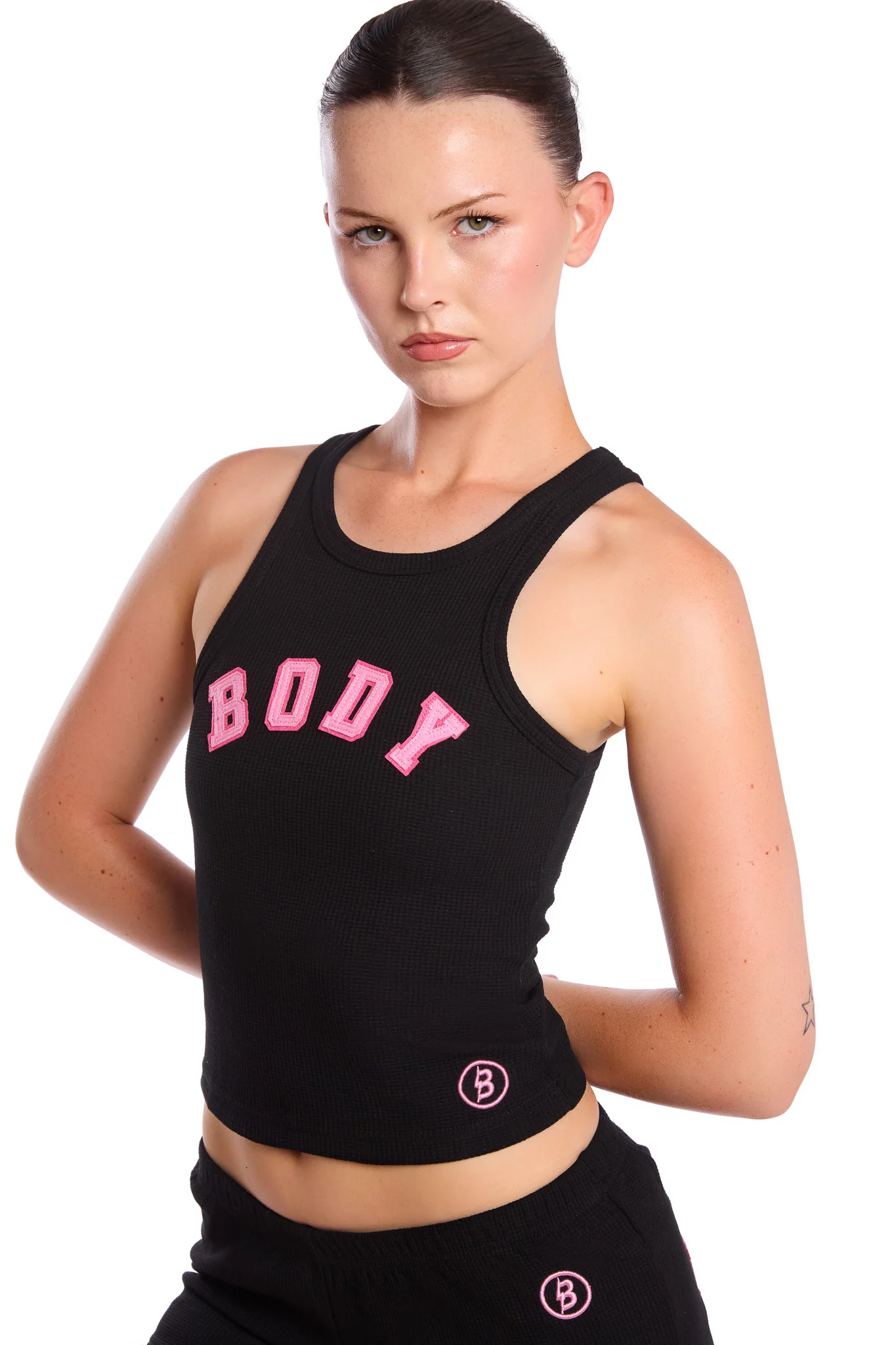 WAFFLE KNIT RACERBACK TOP (BLACK/PINK)