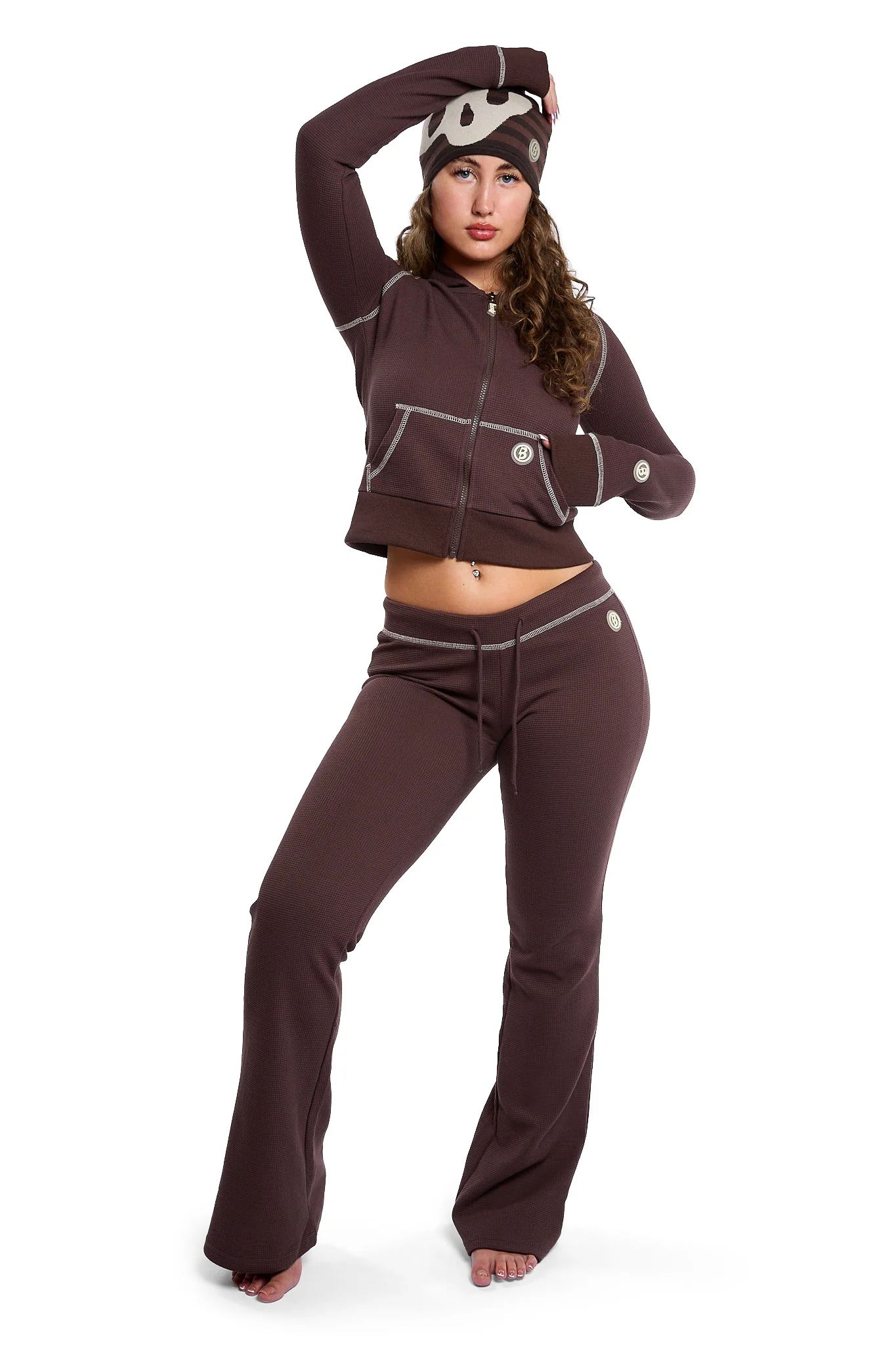 WAFFLE KNIT BOOT CUT PANTS (ESPRESSO BROWN/CREAM)