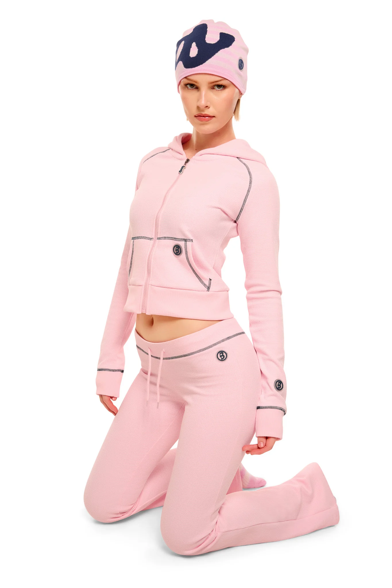 WAFFLE KNIT HOODIE (PINK/NAVY)