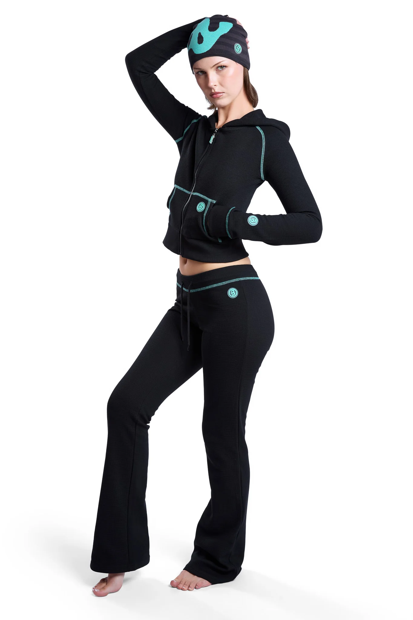 WAFFLE KNIT BOOT CUT PANTS (BLACK/TIFFANY BLUE)