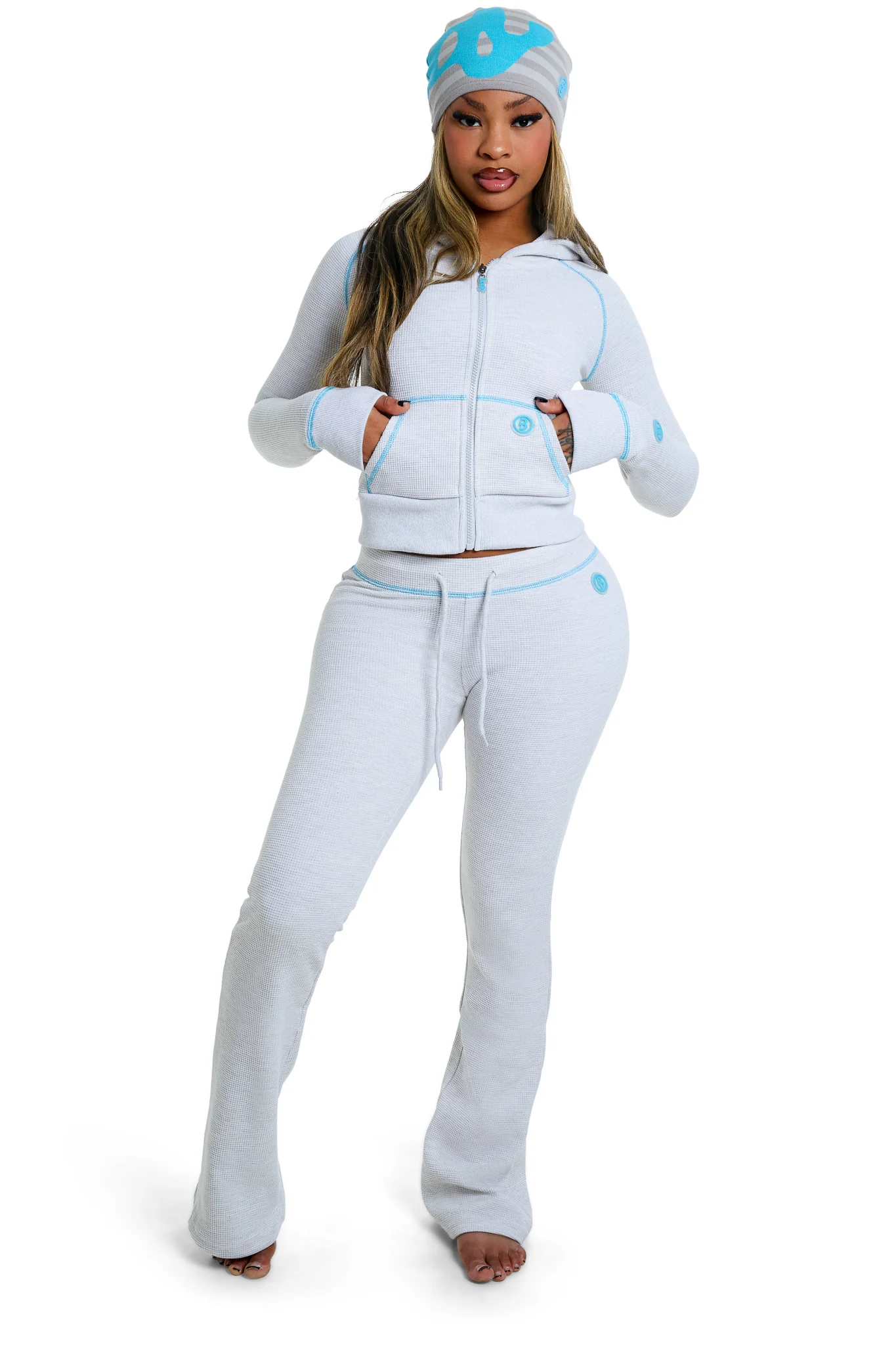 WAFFLE KNIT HOODIE (HEATHER GREY/TURQUOISE)