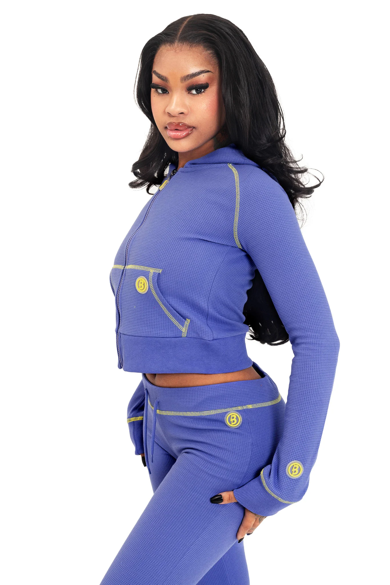 WAFFLE KNIT HOODIE (PERIWINKLE/YELLOW)