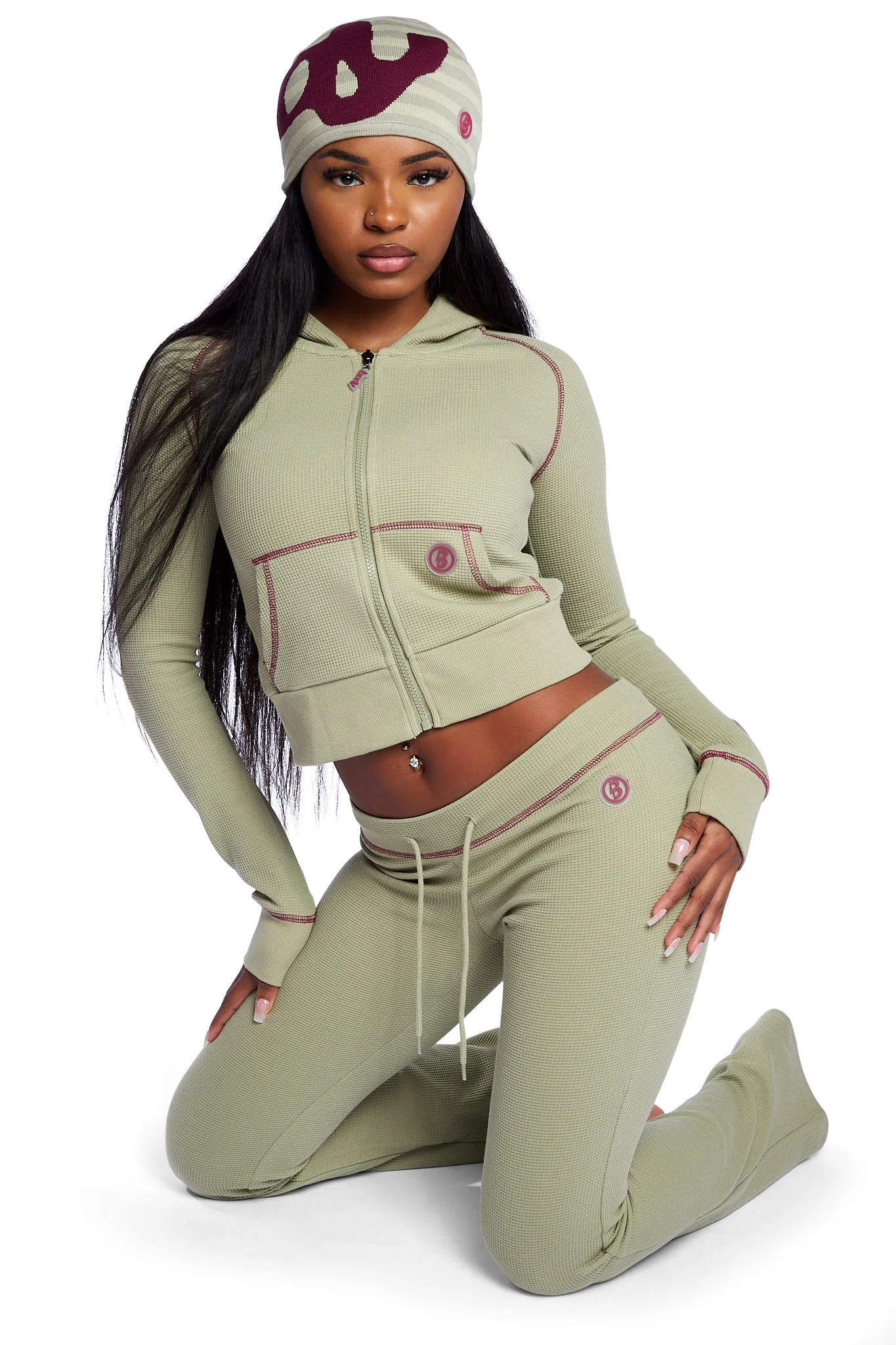 STRIPED KNIT BEANIE (MATCHA/MAROON)