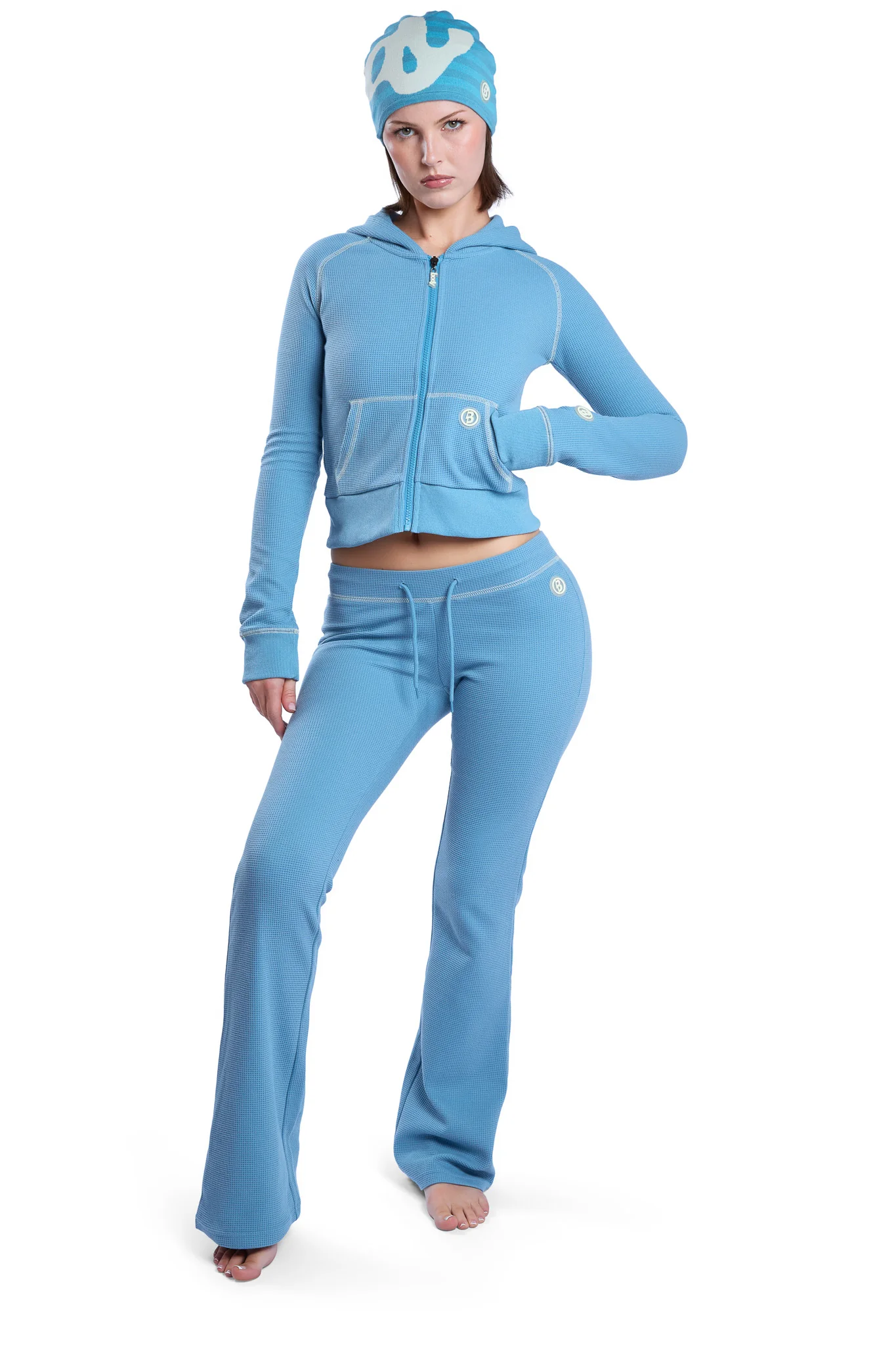 WAFFLE KNIT BOOT CUT PANTS (TEAL/CREAM)