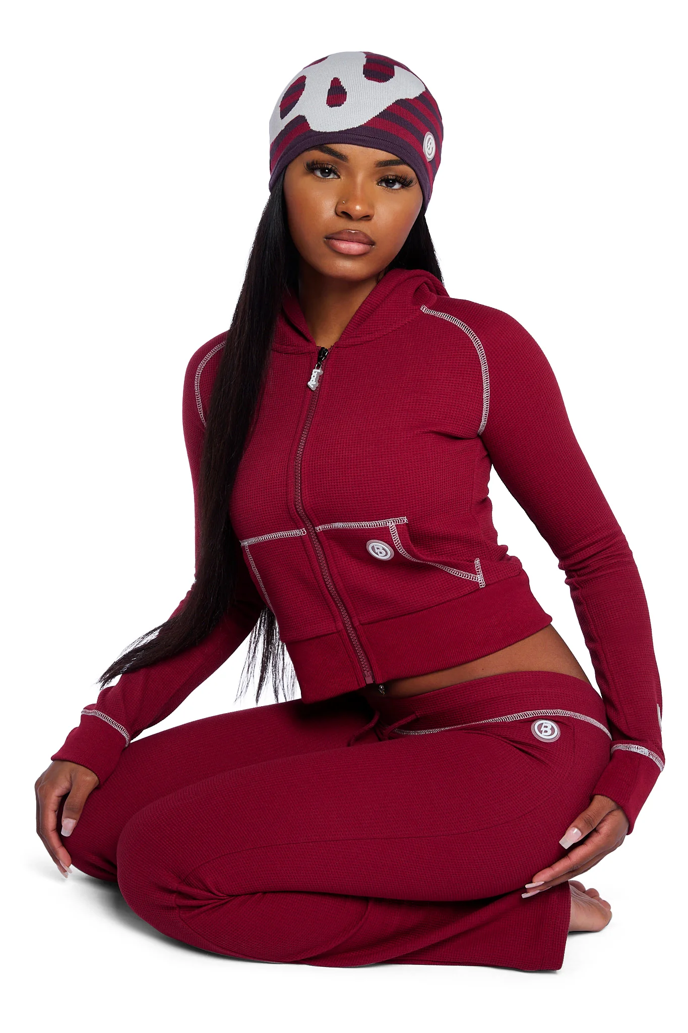 WAFFLE KNIT HOODIE (MAROON/SLATE)