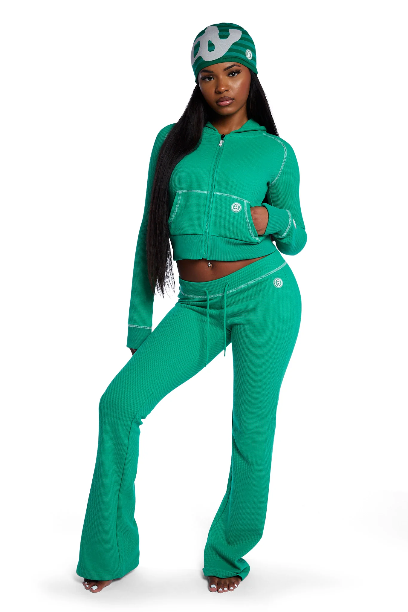 WAFFLE KNIT BOOT CUT PANTS (TEAL GREEN/SLATE GREY)