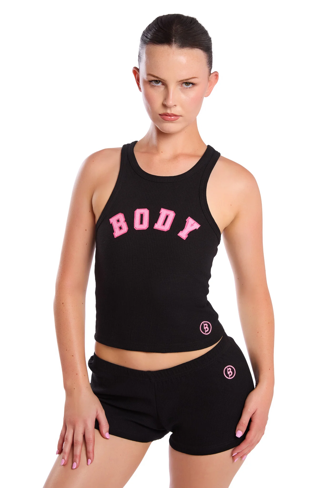 WAFFLE KNIT RACERBACK TOP (BLACK/PINK)