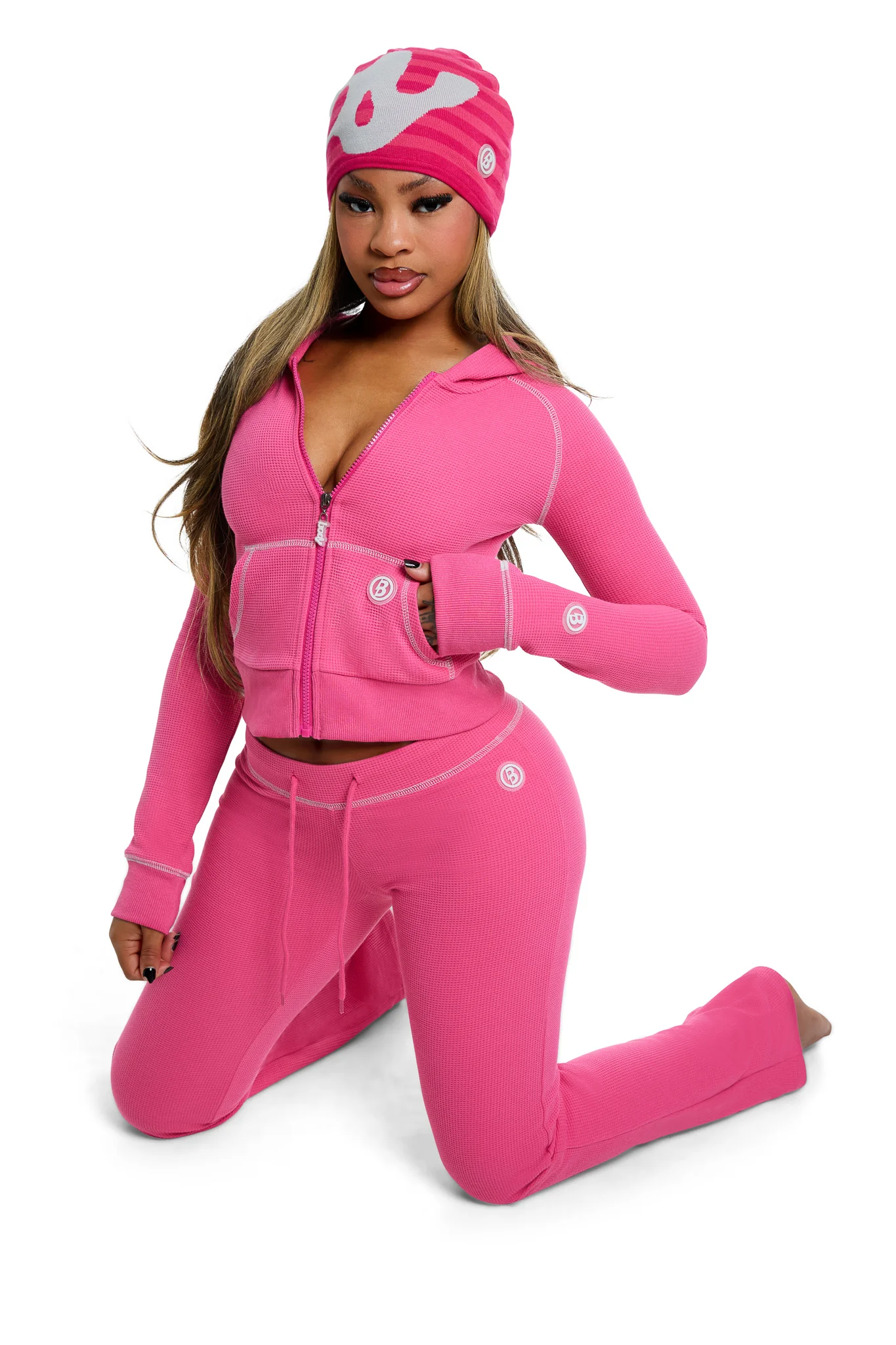 WAFFLE KNIT BOOT CUT PANTS (STRAWBERRY PINK/GREY)