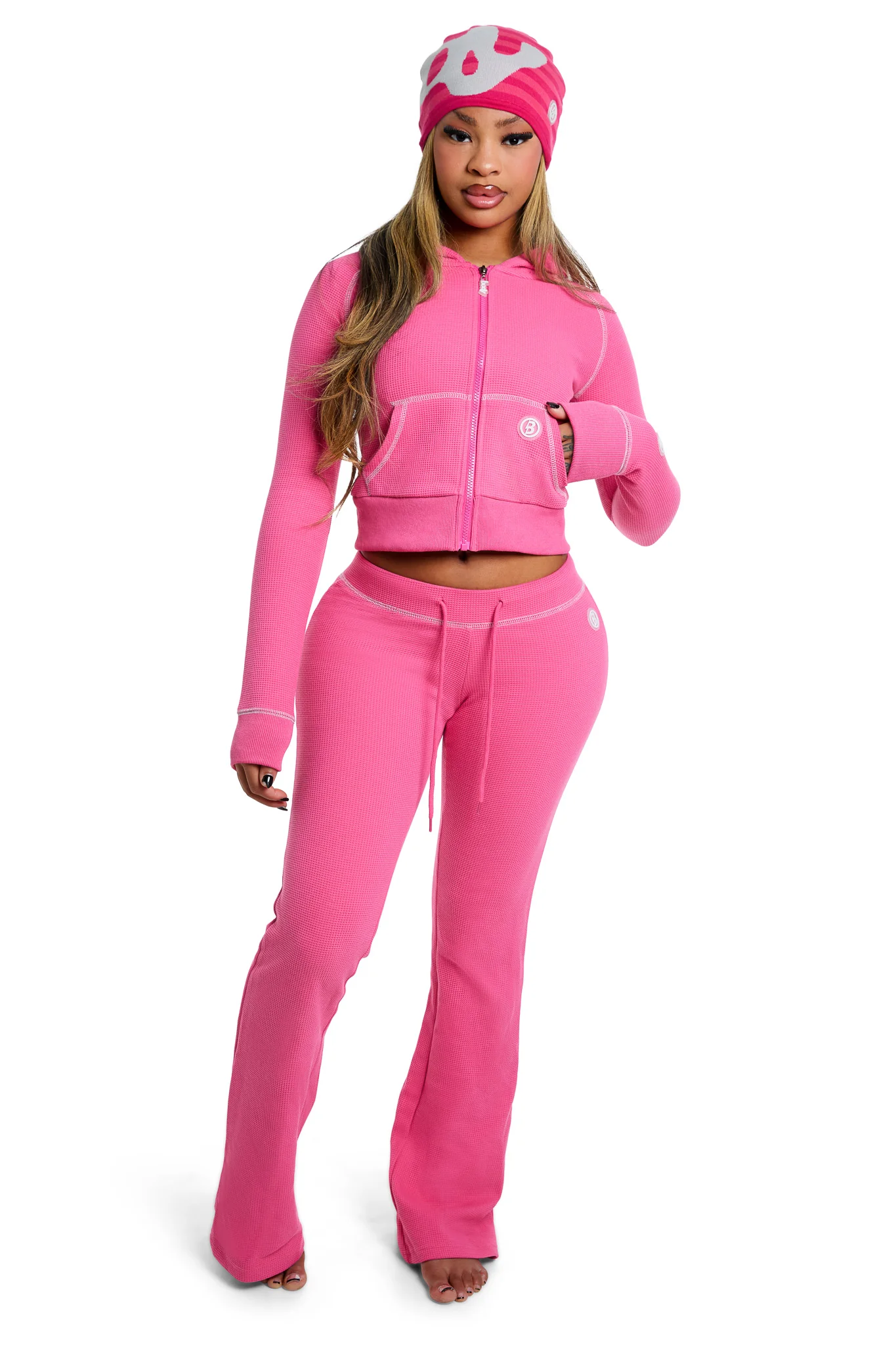 WAFFLE KNIT HOODIE (STRAWBERRY PINK/GREY)