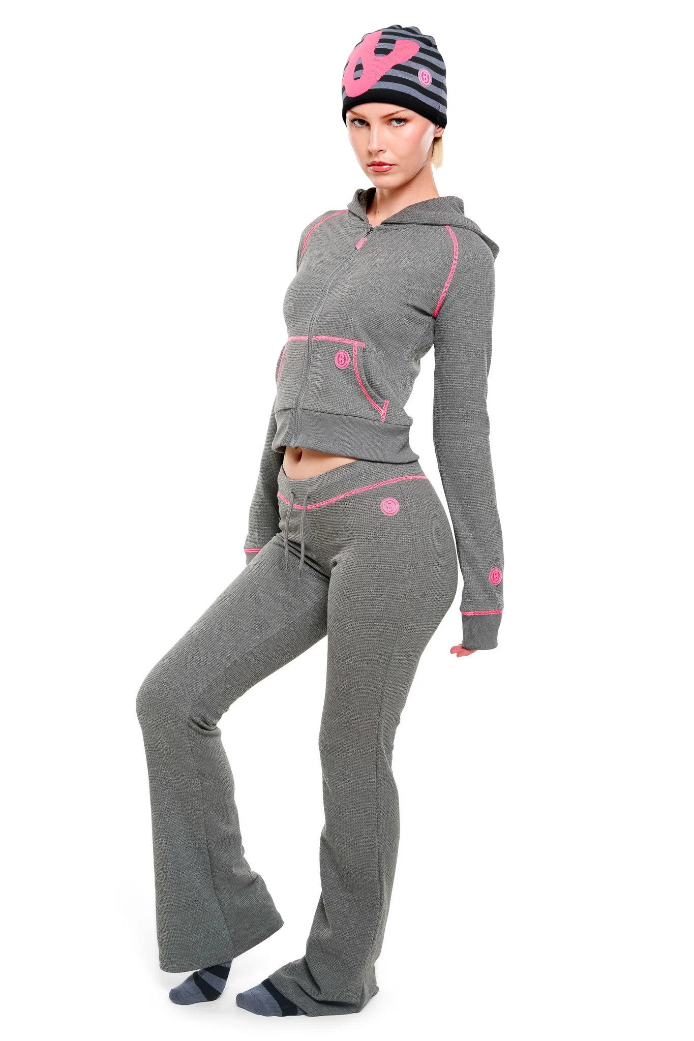 WAFFLE KNIT BOOT CUT PANTS (CHARCOAL/PINK)