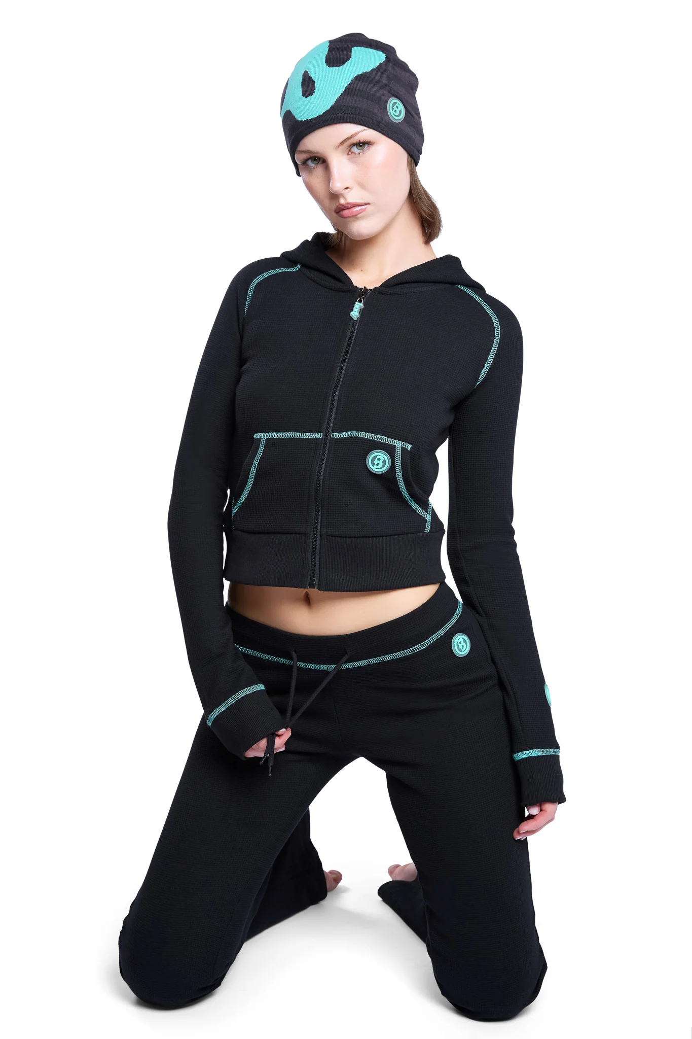 WAFFLE KNIT HOODIE (BLACK/TIFFANY BLUE)