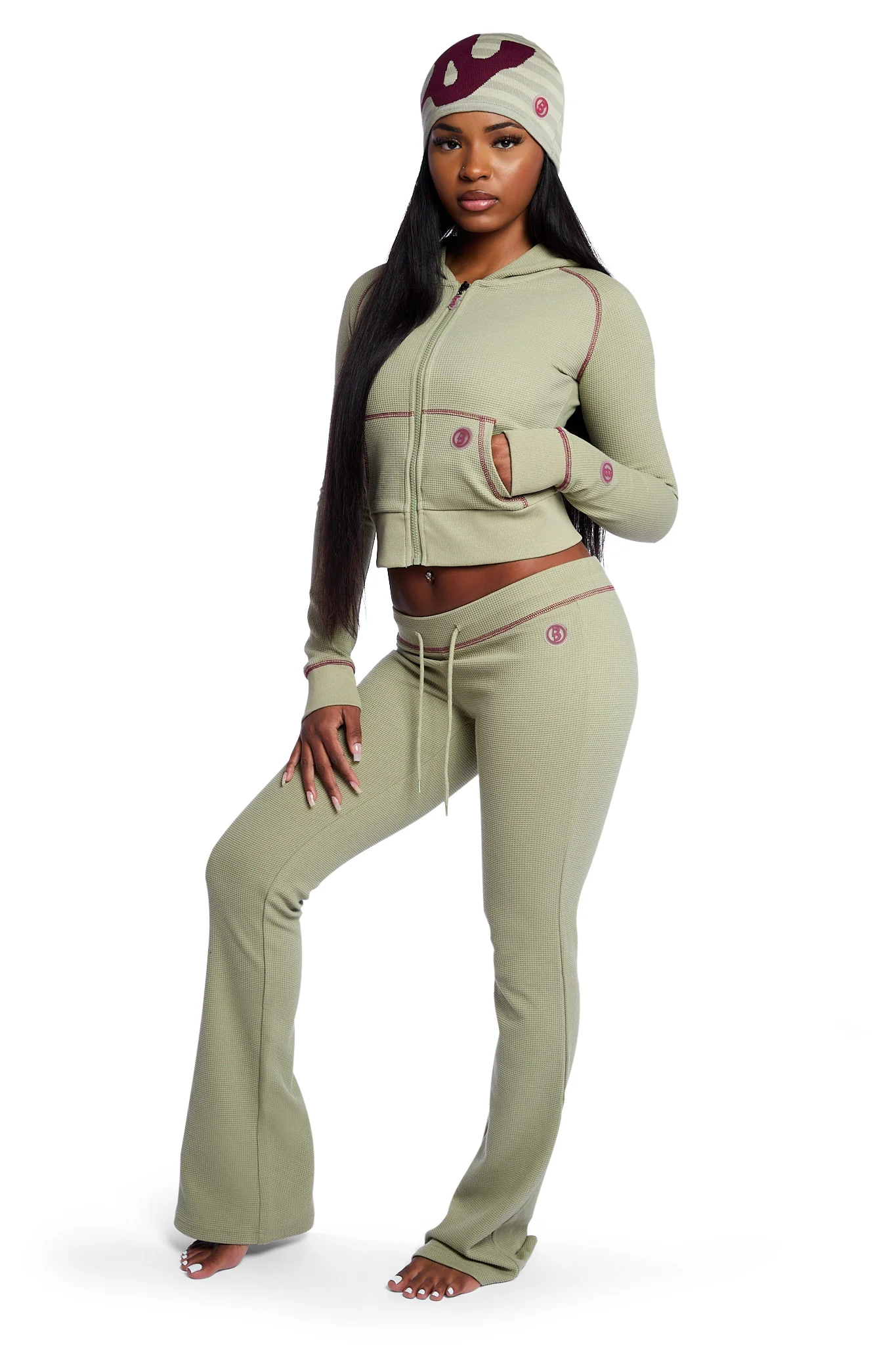 WAFFLE KNIT BOOT CUT PANTS (MATCHA/MAROON)