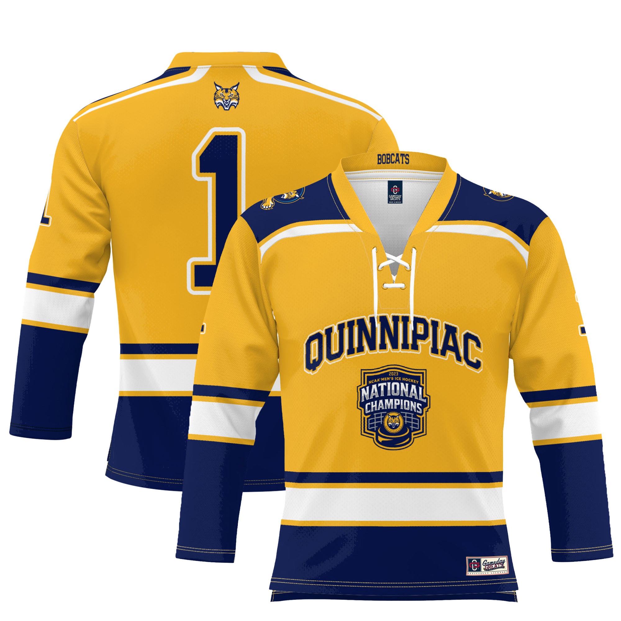 Quinnipiac Bobcats ProSphere Youth 2023 NCAA Men's Ice Hockey National Champions Hockey Jersey - Gold