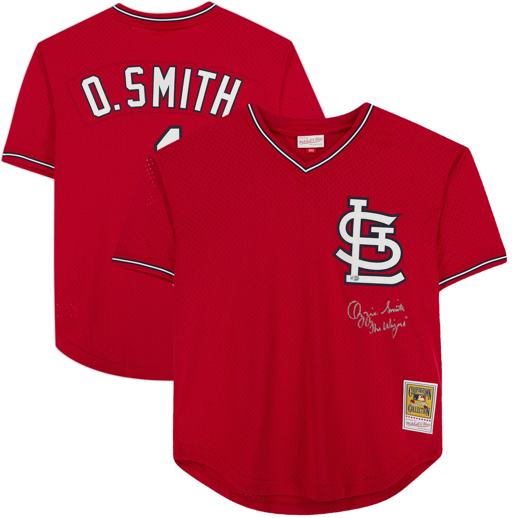 Ozzie Smith St. Louis Cardinals Autographed Red Mitchell & Ness Batting Practice Jersey with