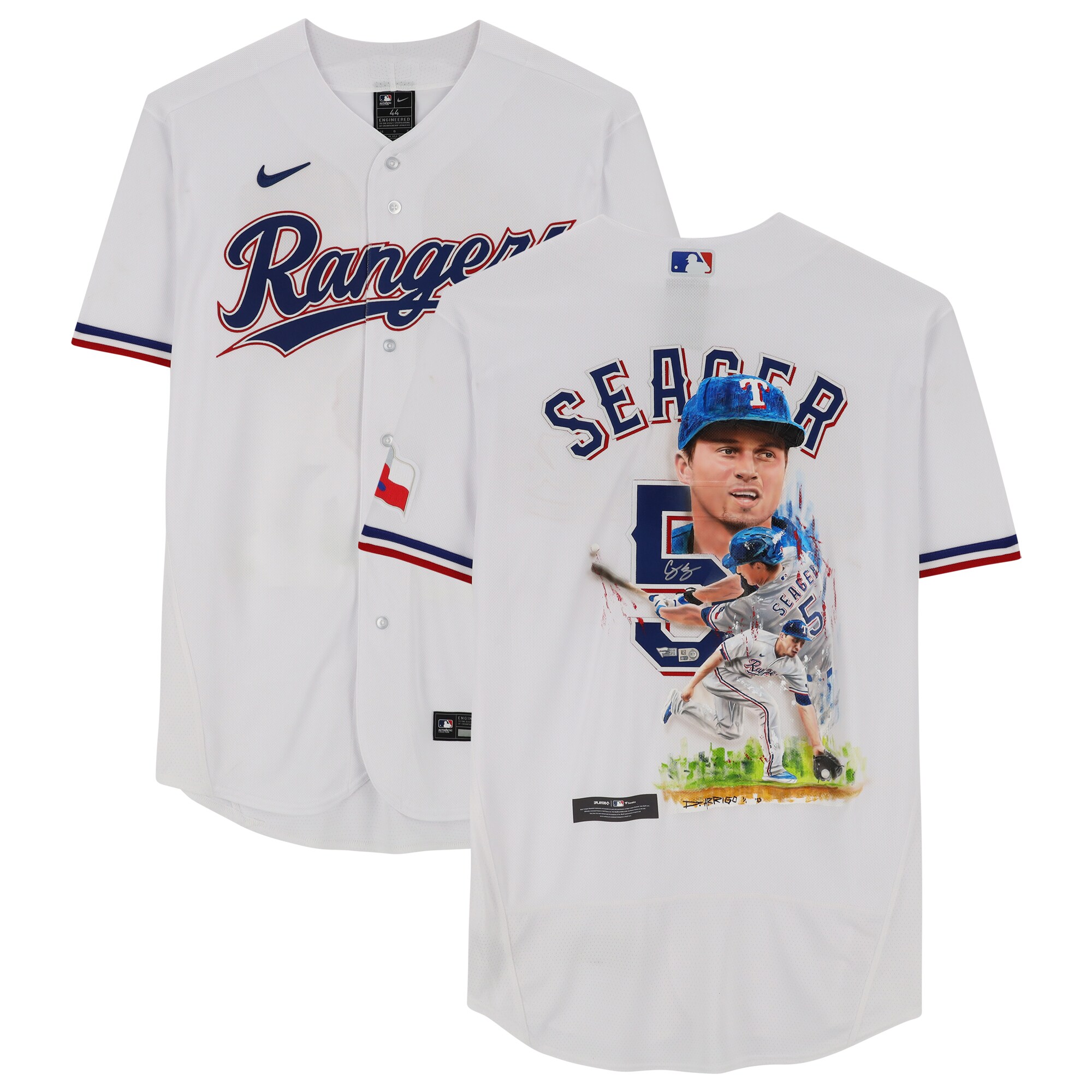 Corey Seager Texas Rangers Autographed Fanatics Authentic White Nike Authentic Jersey - Art by David Arrigo - Limited Edition of 1