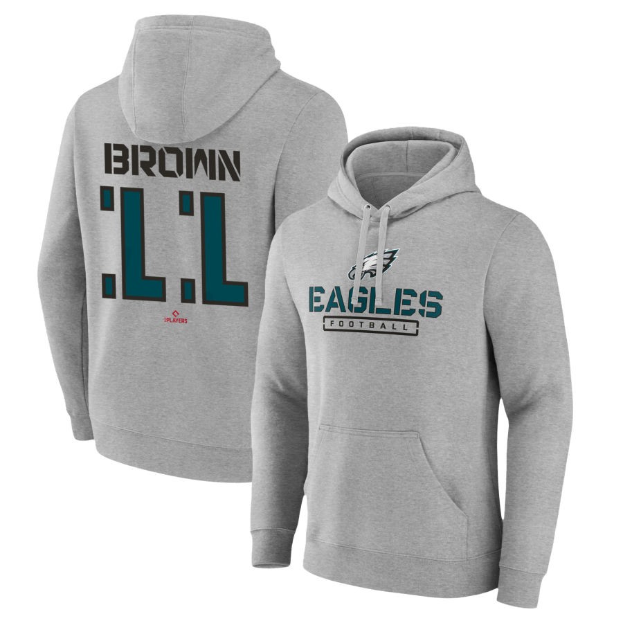 A.J. Brown Philadelphia Eagles Fanatics Branded Name & Number Evanston Stencil Pullover Hoodie - Gray