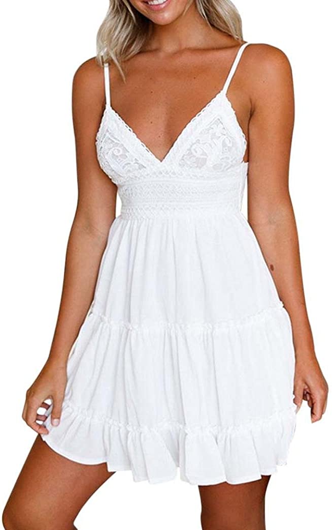 LISTHA Women Summer Mini Dress Backless Solid Dresses V-Neck Party Beach Cute Sundress