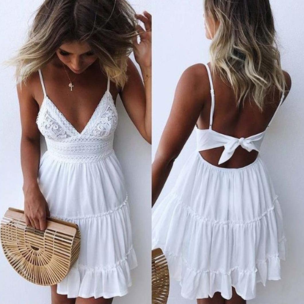 LISTHA Women Summer Mini Dress Backless Solid Dresses V-Neck Party Beach Cute Sundress