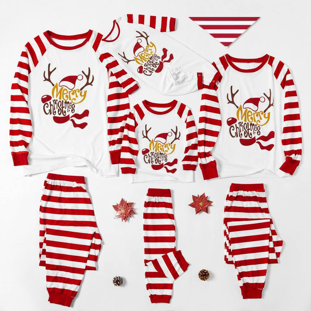 Family Matching Merry Christmas Print Striped Pajamas Sets