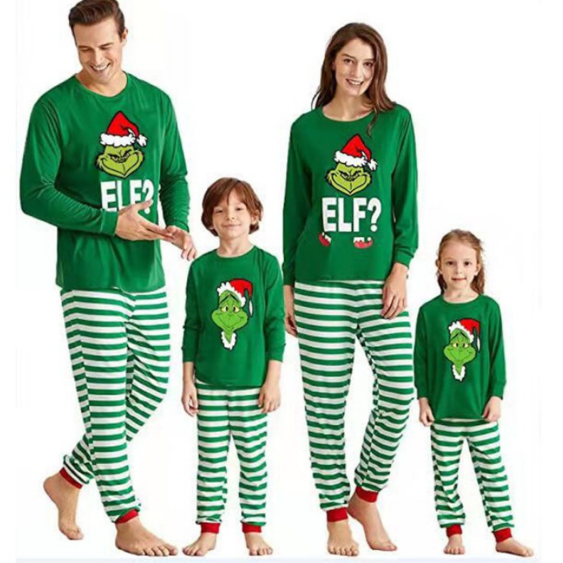 Christmas round neck green striped print baby pajamas set