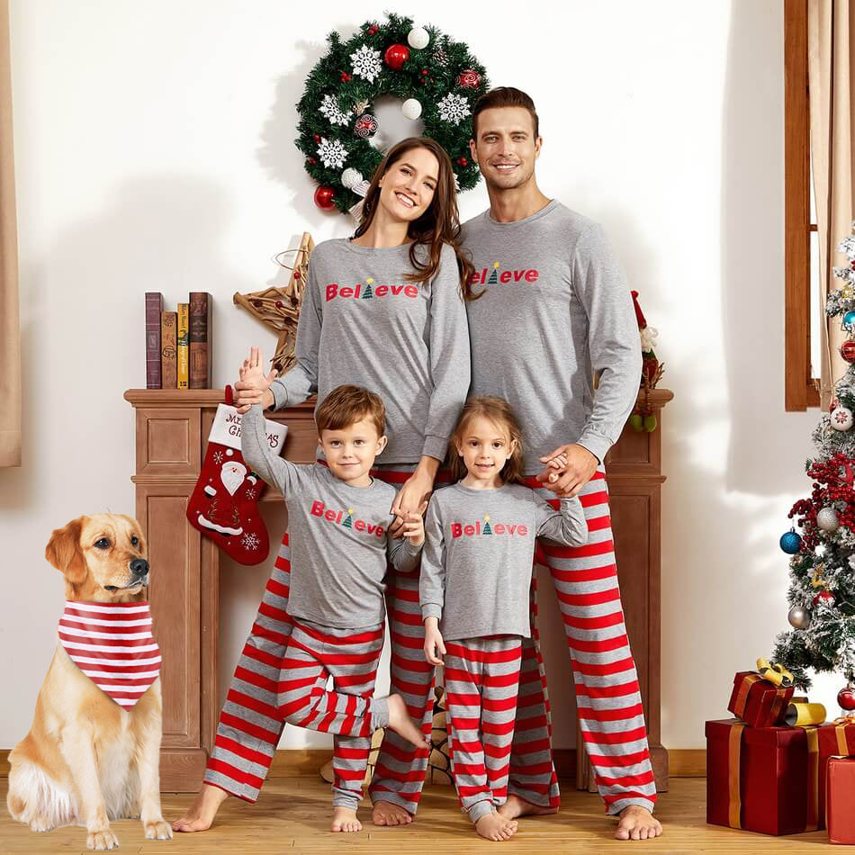 'Believe' Comfy Family Striped Pajamas(with Pet Dog Clothes)