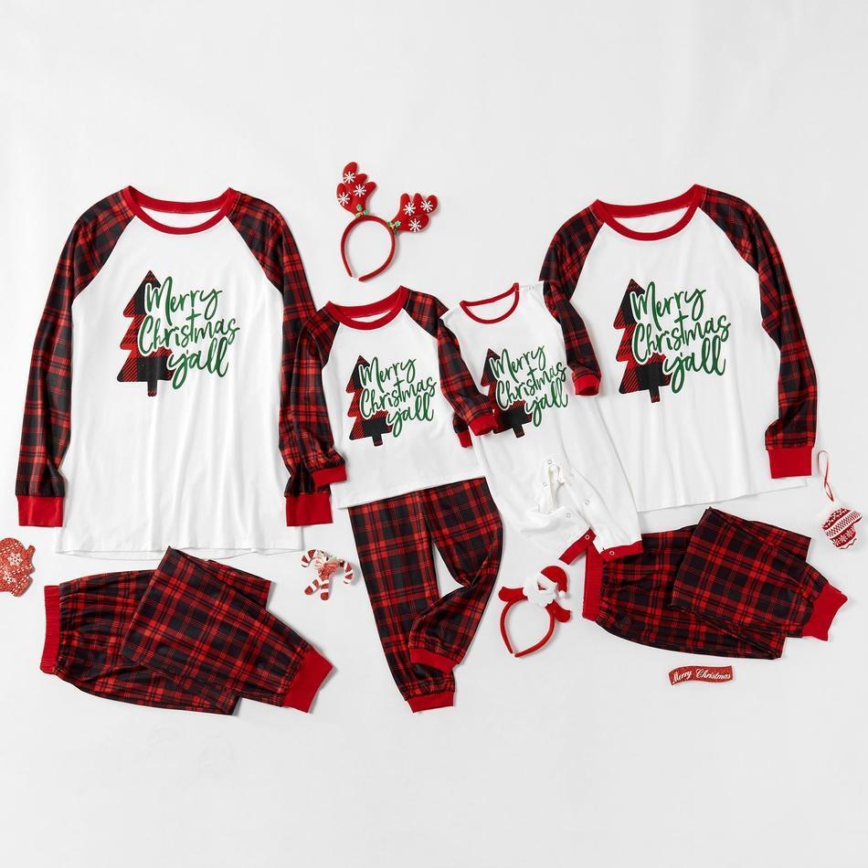 Merry Christmas Y'all Letter Print Plaid Family Matching Pajamas Sets