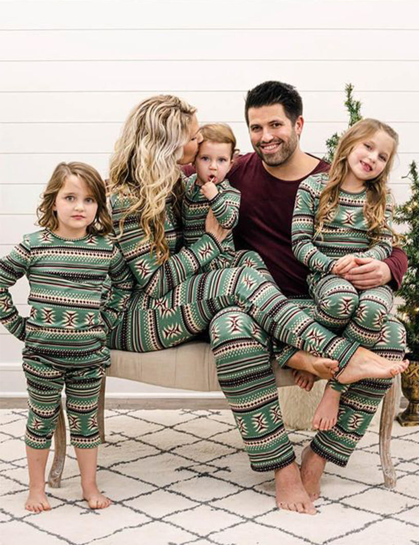 Green Homely Stripe Matching Family Pajamas Set (with Pet's dog clothes)