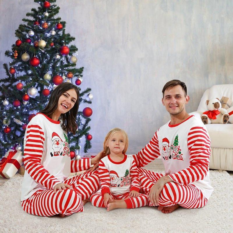 Christmas Santa Claus Print Top and Striped Pants Family Matching Pajamas Sets(with Pet Dog Clothes)