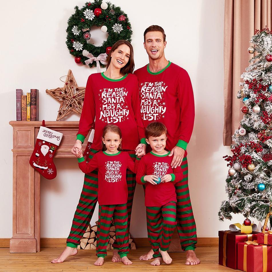 Merry Christmas Letter Print Top and Striped Pants Family Matching Pajamas Set