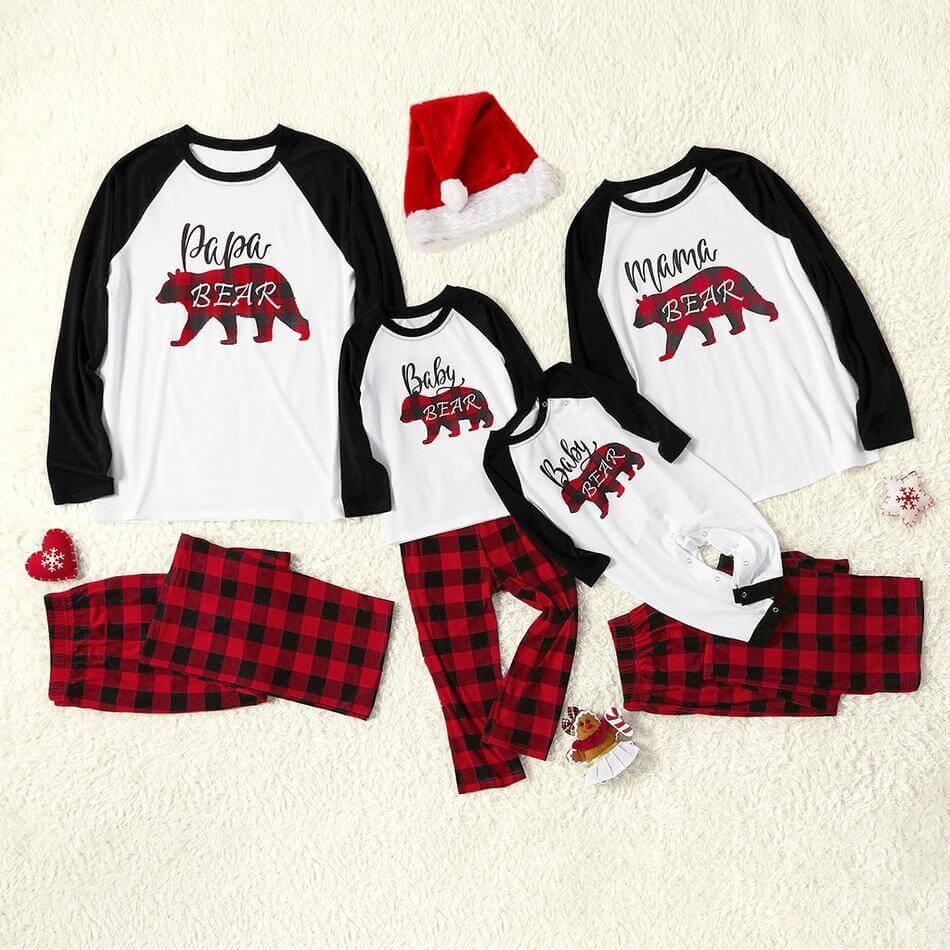Plaid Papa and Mama Bear Print Family Matching Pajamas set (with Pet Dog Clothes)