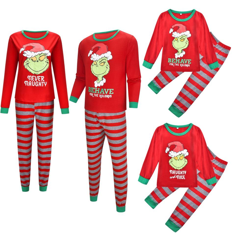Family Matching Elf Print Merry Christmas Striped Pajamas Set