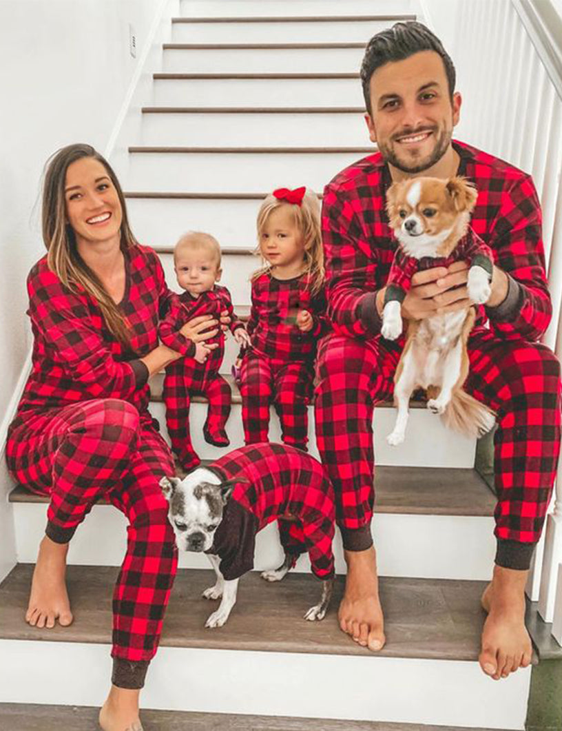 Christmas Black-Red Plaid Family Matching Pajamas Set  (with Pet Dog Clothes)