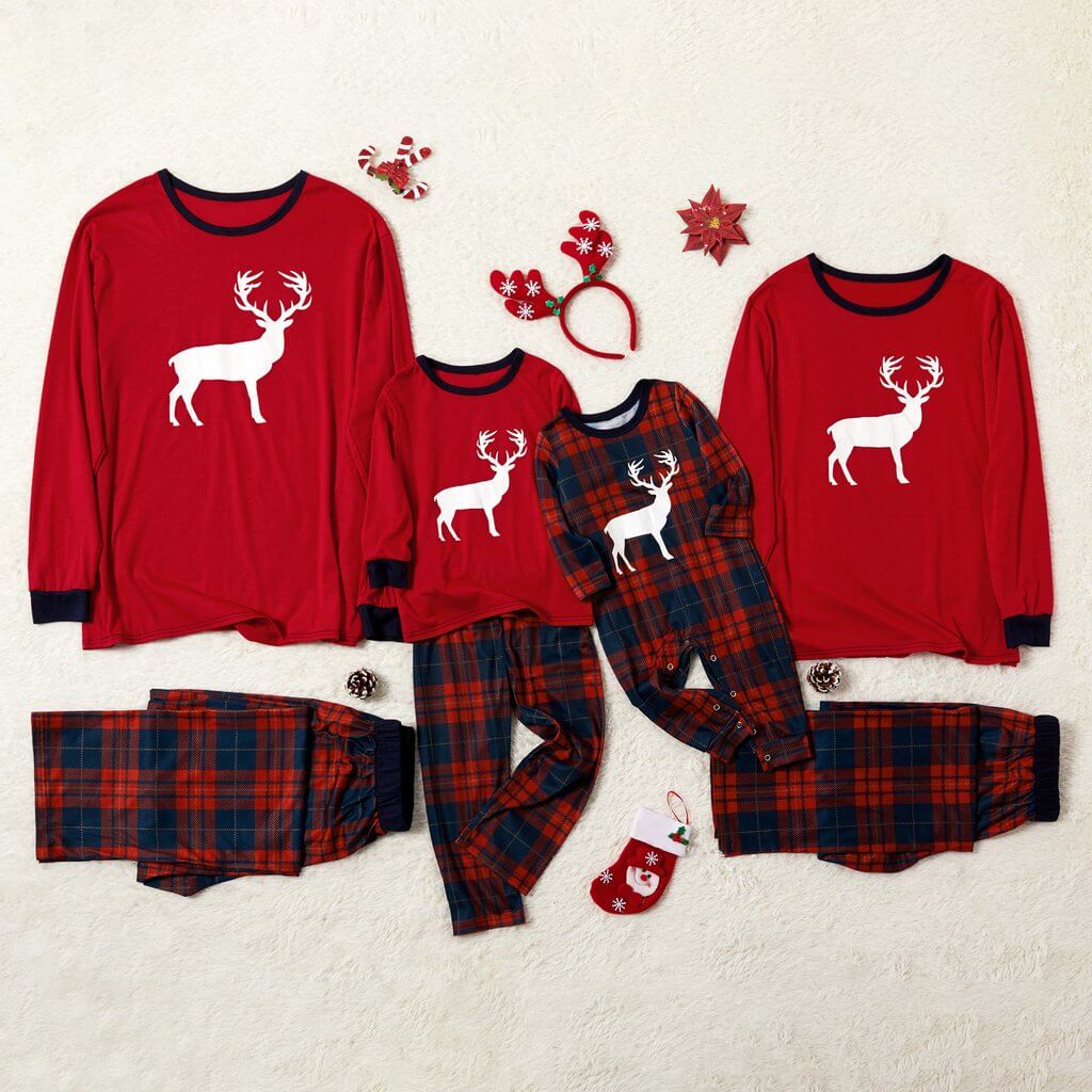 Christmas Reindeer Top and Plaid Pants Family Matching Pajamas Set