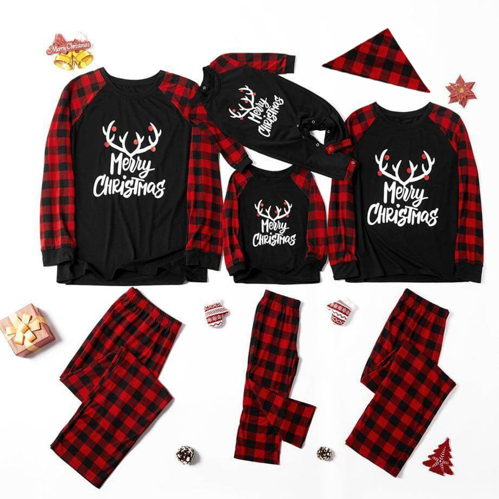 Merry Christmas Antler Contrast top and Plaid Pants Family Matching Pajamas Set(with Pet Dog Clothes)