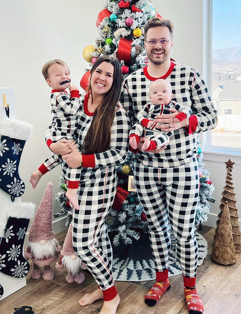 Christmas Black and White Plaid Round Collar Fmalily Matching Pajamas Set