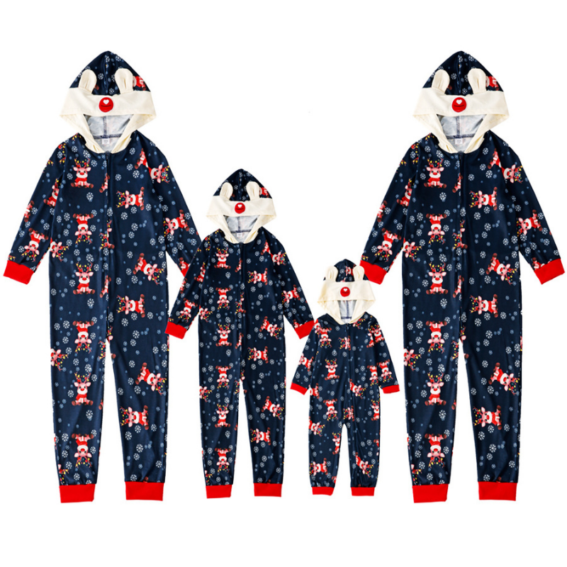 Christmas print hooded one-piece pajamas set (with Pet Dog Clothes)
