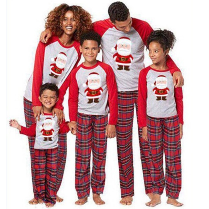 Santa Claus print pajama suit with round collar and plaid (with Pet Dog Clothes)