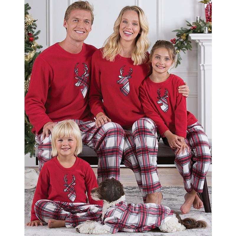 Christmas Deer Appliqued Top and Plaid Pants Family Matching Set