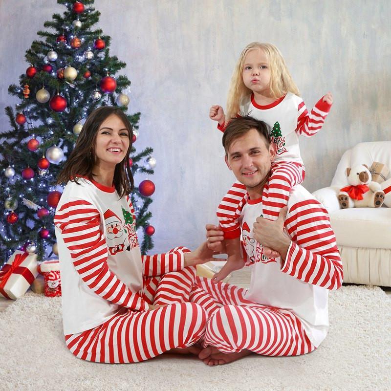 Christmas Santa Claus Print Top and Striped Pants Family Matching Pajamas Sets(with Pet Dog Clothes)
